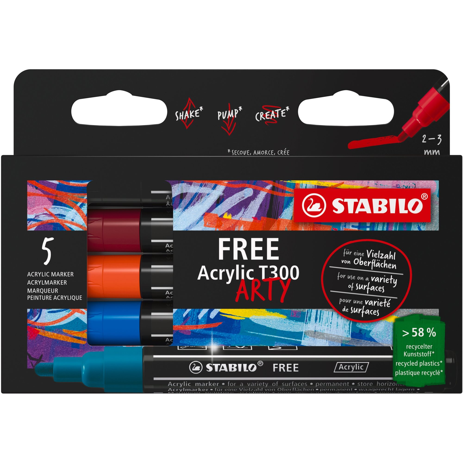 STABILO FREE Acrylic T300 2 - 3 mm, Urban - 5 szín a csomagban (4006381615150)