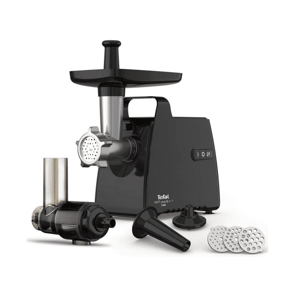 Месомелачка Tefal HV7 Plus 6 в 1 NE553838, 2000 W, 2.8 кг/мин, Аксесоари за колбаси, доматен сок, 3 решетки от неръждаема стомана, Черен