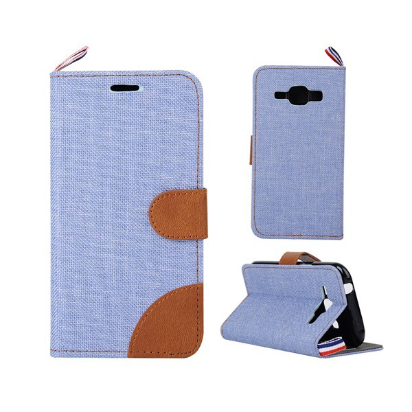 Tok álló, textil (FLIP, oldalra nyíló, asztali tartó funkció) VILÁGOSKÉK [Samsung Galaxy J1 (SM-J100)] (5996457575909)