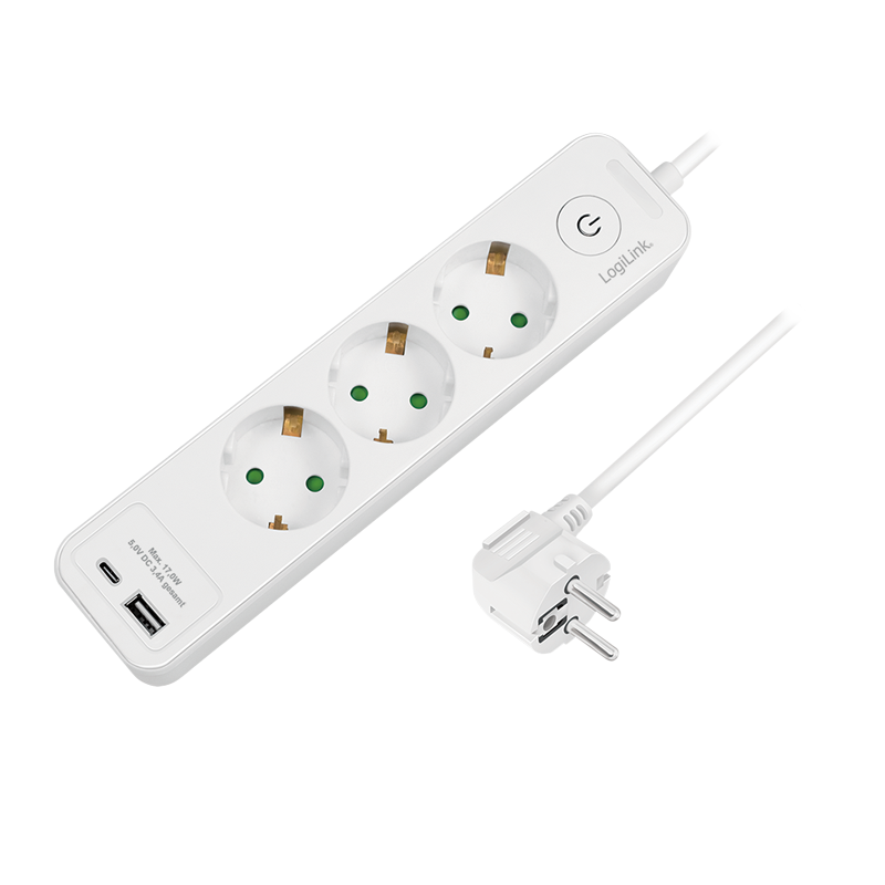 Logilink Aljzat 3 utas + kapcsoló, 3x CEE 7/3, 1x USB-A, 1x USB-C, 1,5 m, fehér (LPS279U) (LPS279U)