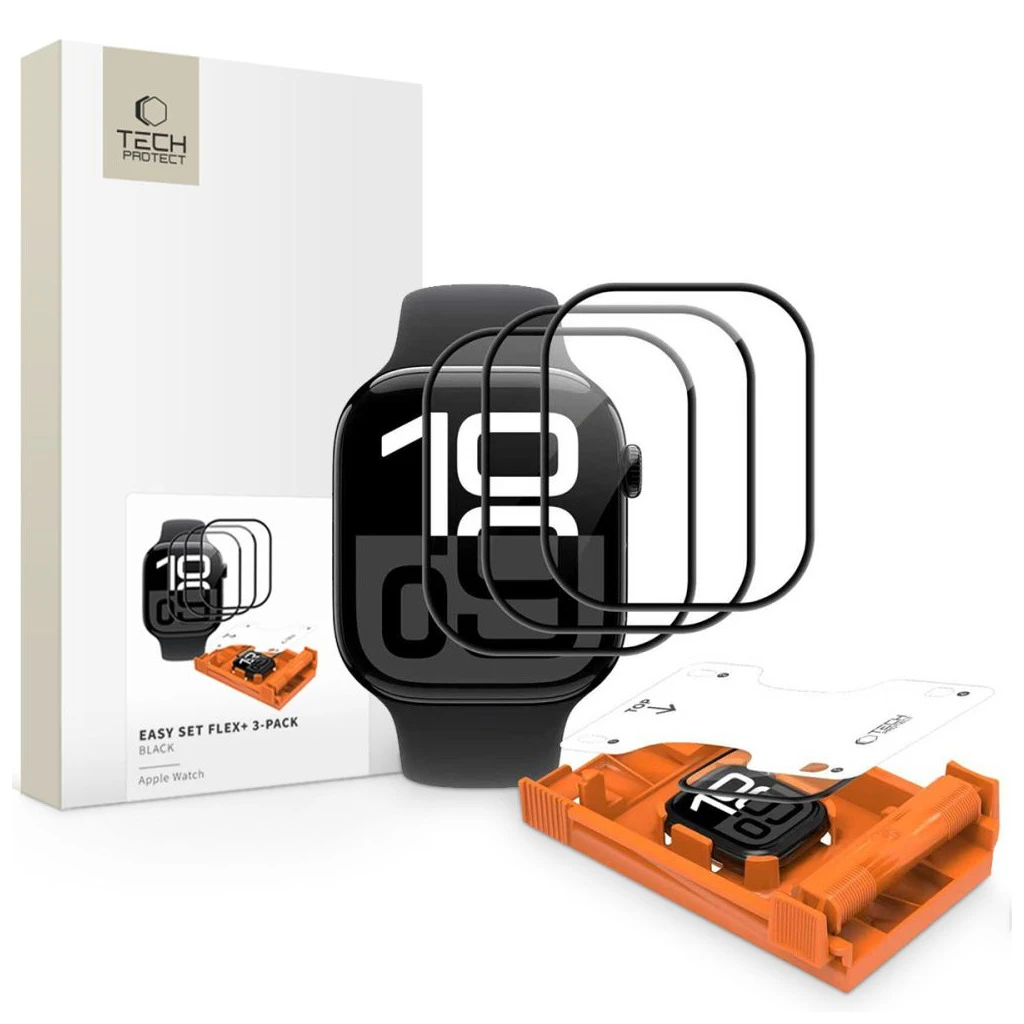 Hibrid üveg kijelzővédő TECH-PROTECT EASY SET FLEX+ 3-PACK Apple Watch 4 / 5 / 6 / SE 1 / 2 / 3 (44MM) készülékhez fekete