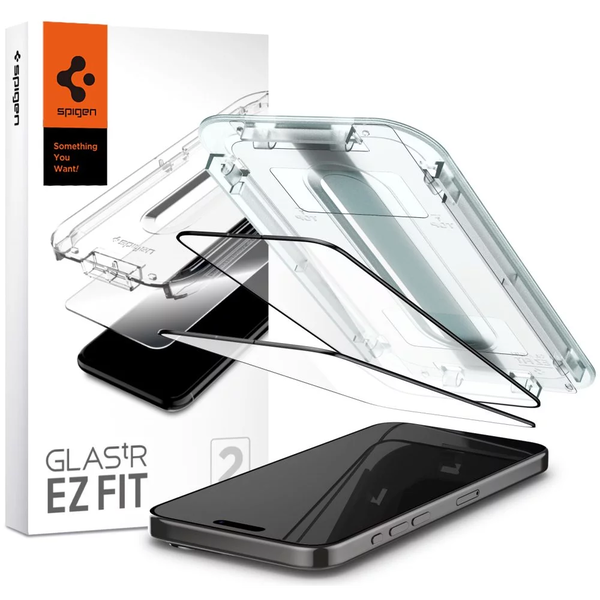 Комплект стъклени протектори Spigen, съвместими с iPhone 15 Pro, черен, 2 бр