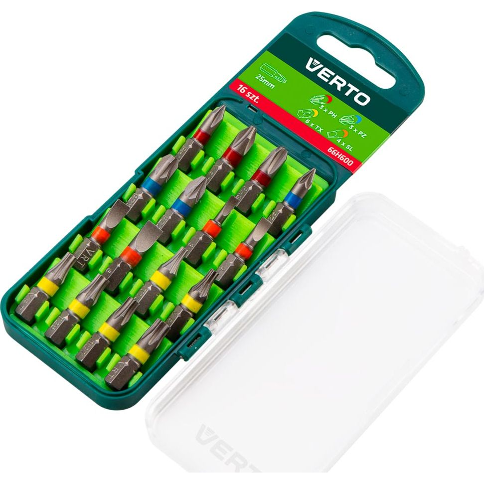 VERTO 66H600 Csavarhúzó Bitkészlet, 16db, 25mm - 3 X Ph, 3 X Pz, 4 X Sl, 6 X Torx (CRV) (66H600)