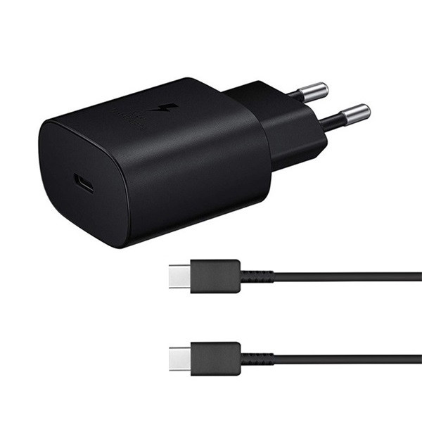 Hálózati töltő adapter, 25W, USB Type-C aljzat, USB Type-C kábellel, PD 3.0, PDO / PPS, gyorstöltés, Samsung, fekete, gyári (RS110088)