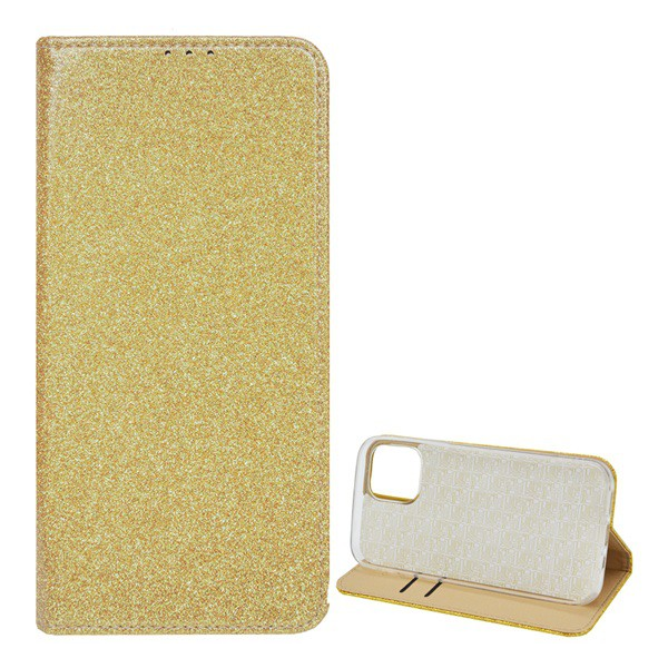 Tok álló, bőr hatású (FLIP, szilikon belső, oldalra nyíló, asztali tartó funkció, bankkártya tartó, csillogó) ARANY [Apple iPhone 12 Pro Max] (5996591002859)