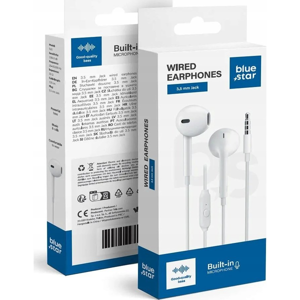 Căști Bluestar PA-E65 albe cu microfon, cablu de 1,2 m cu mufă jack