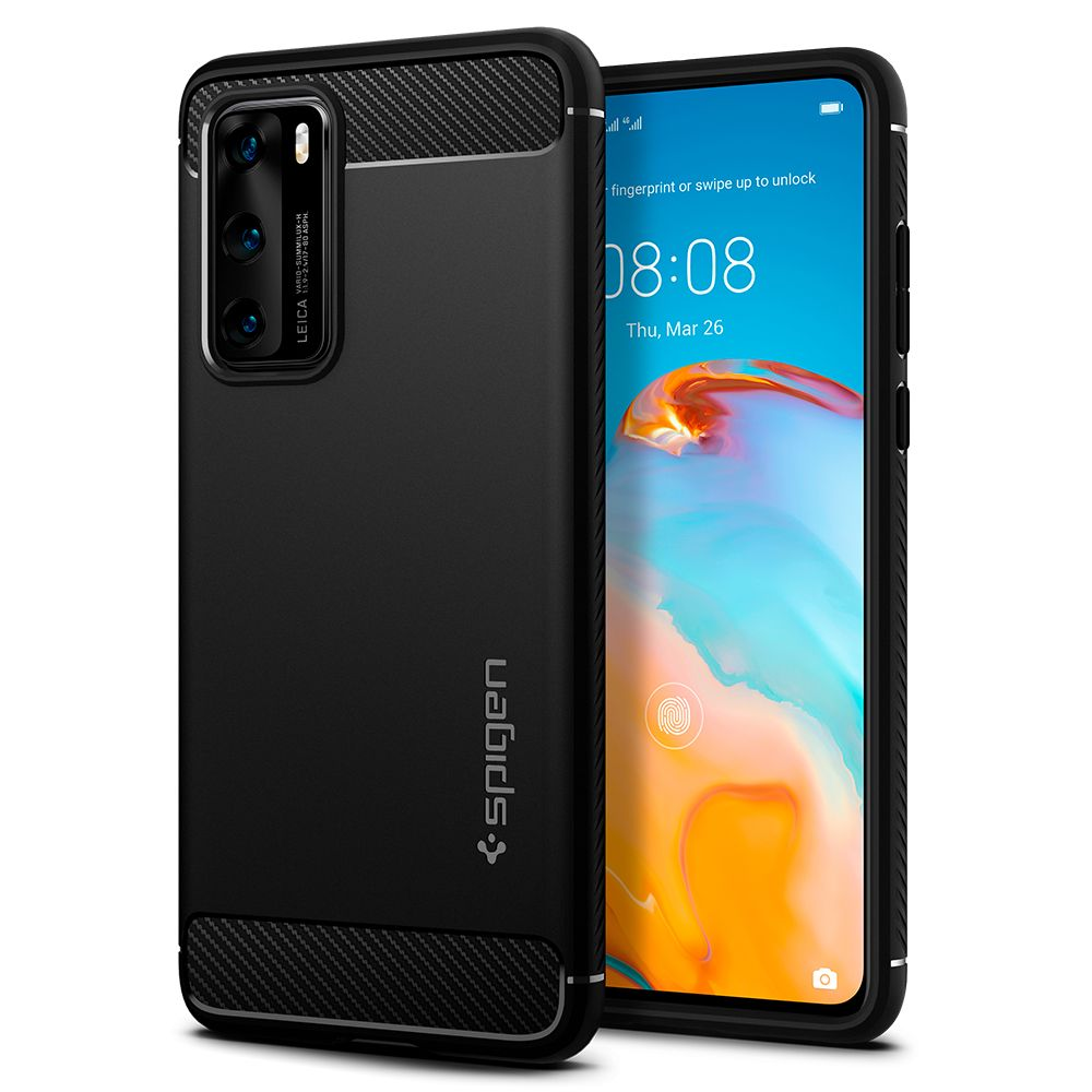 Spigen Rugged Armor Huawei P40 Ütésálló Tok - Fekete karbon mintás (ACS00970)