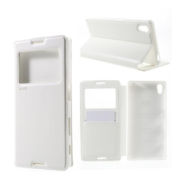 ROAR NOBLE VIEW tok álló, bőr hatású (FLIP, oldalra nyíló, asztali tartó funkció, View Window) FEHÉR [Sony Xperia Z5 (E6653)] (5996457585250)