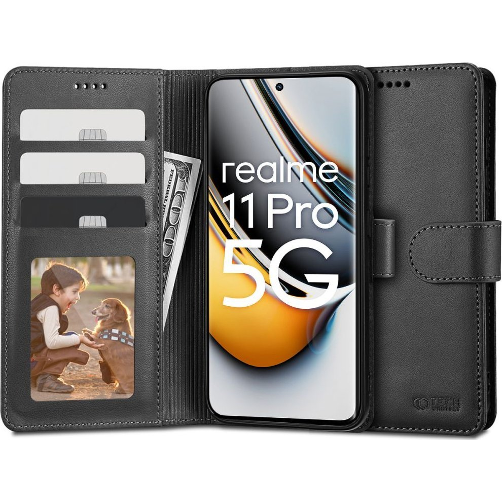 TP Wallett Tok - Realme 11 Pro / 11 Pro Plus, Oldalra Nyíló, Stand, Mágnes Csattal, Fekete (THP2119)