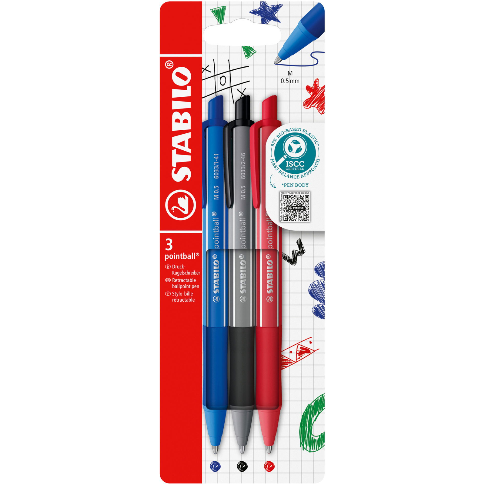 STABILO pointball colorful, kék, fekete és piros – 3 darabos készlet (4006381626514)