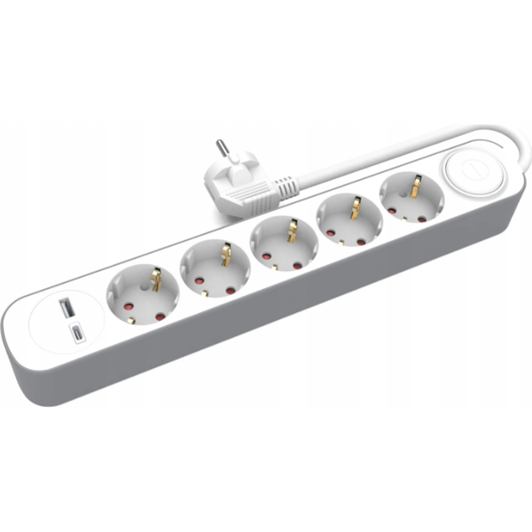 PLASTROL HOME EXTENSION CORD 5x SOCKETS 3m WITH SWITCH 1x USB-A 1x USB-C