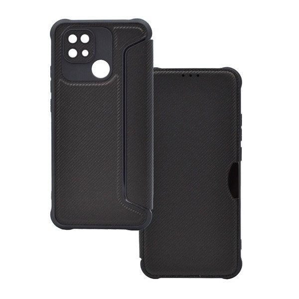 Xiaomi Redmi 10C, Oldalra nyíló tok, légpárnás sarok, bőrhatású, karbon minta, Razor Book, fekete (RS129178)