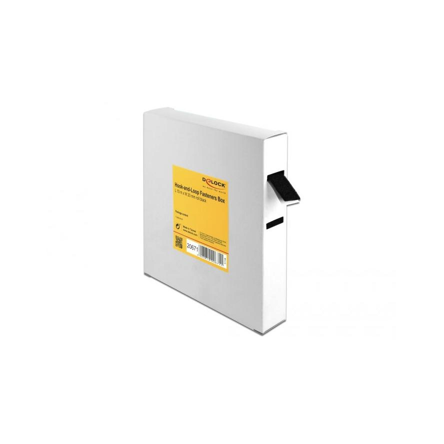 Delock Velcro fekete ragasztó szalag guriga Hx 10 m x Sz 20 mm dobozban (20671)