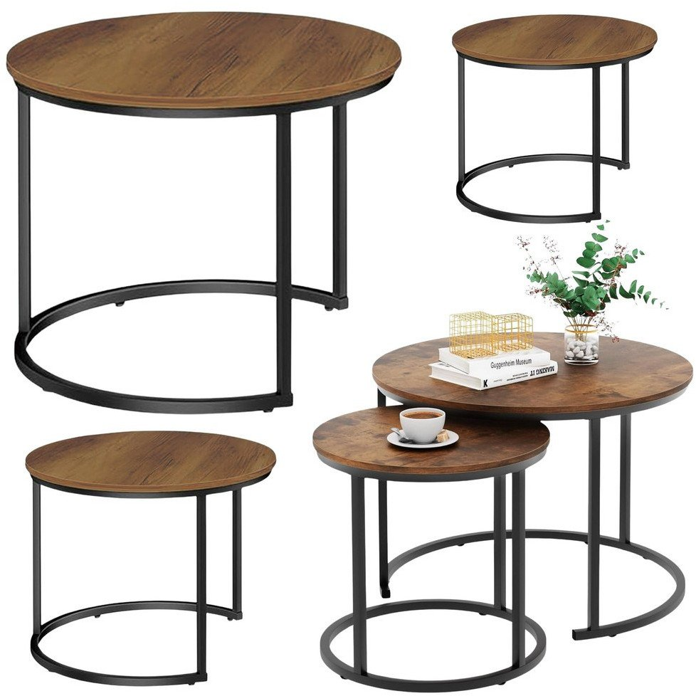 3 Az 1-ben Kerek Dohányzóasztal Szett, Vintage Natúr Fa, 51cm, 40cm, 30cm  26620 (26620)