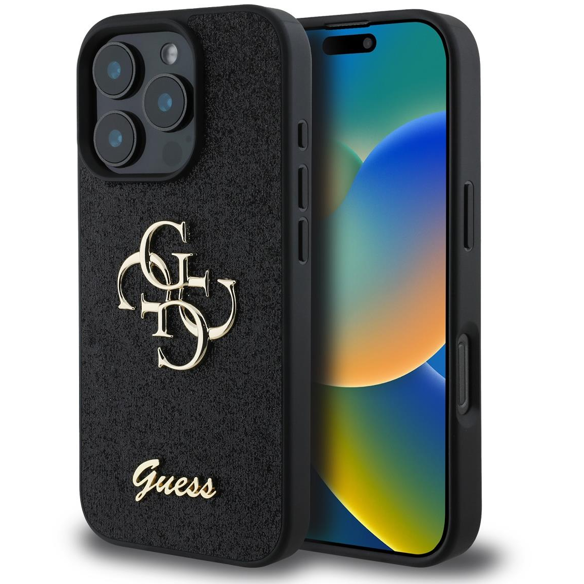 Guess Fixed Glitter 4G Metal Logo iPhone 16 Pro Max fekete PU tok (GUHCP16XHG4SGK)
