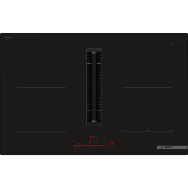 Стъклокерамичен плот Bosch PVQ811H26E Serie 6 с вградена вентилация, 80 см, 4 индукционни зони за готвене, контрол на температурата PerfectFry Plus, 622 m3/h мощност на извличане 7400 W, черен
