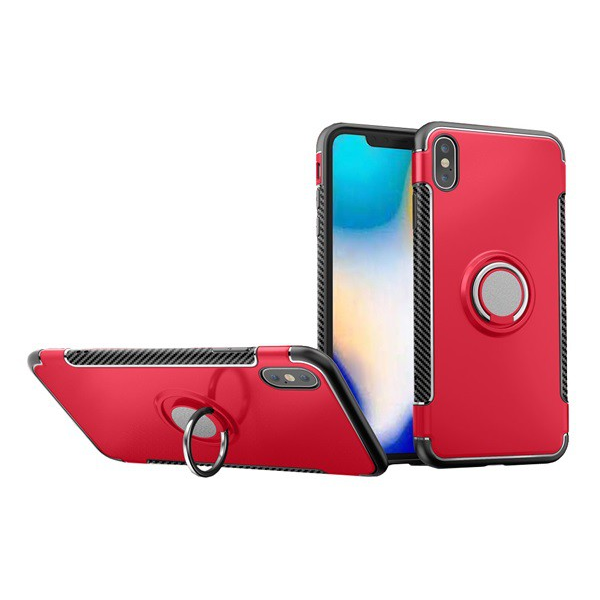 Műanyag telefonvédő (szilikon keret, asztali tartó funkció, telefontartó gyűrű, beépített fémlemez, karbon minta) PIROS [Apple iPhone XS Max 6.5] (5996457811458)