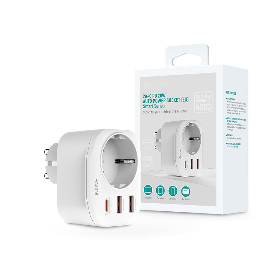 Devia hálózati csatlakozóaljzat 2xUSB-A + Type-C PD kimenettel - Devia Smart Series 2A+C PD 20W Auto Power Socket - fehér (ST379154)