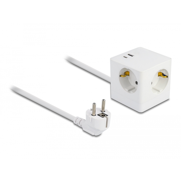Delock hosszabbító kocka 3 irányú gyerekzárral és USB PD 3.0 töltővel 20W, 1,5m hosszú kábellel fehér (11502) (delock11502)