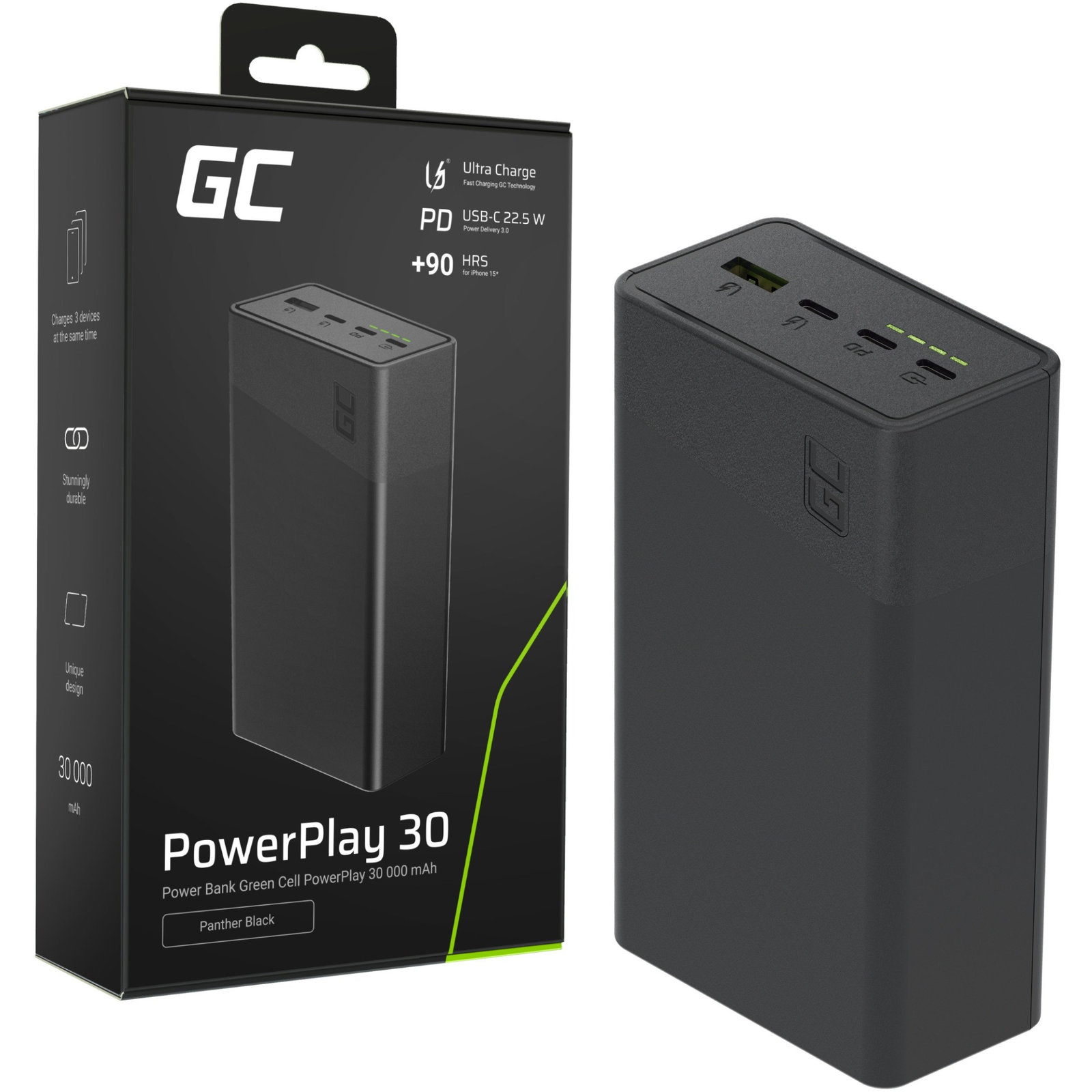 Green Cell PowerPlay 30 30000mAh fekete power bank 22,5W (PBGC30B)