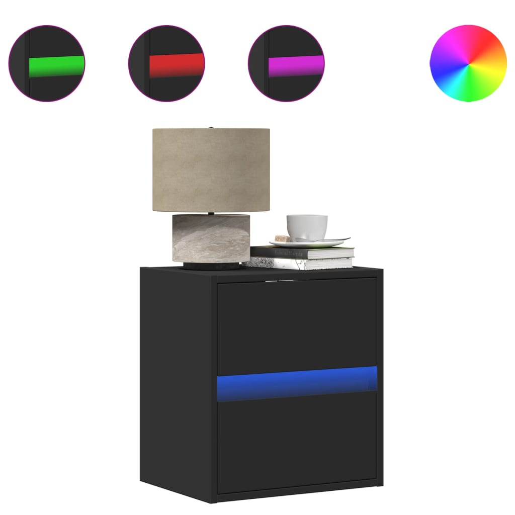 2 db fekete falra szerelhető éjjeliszekrény LED-világítással (3307964)