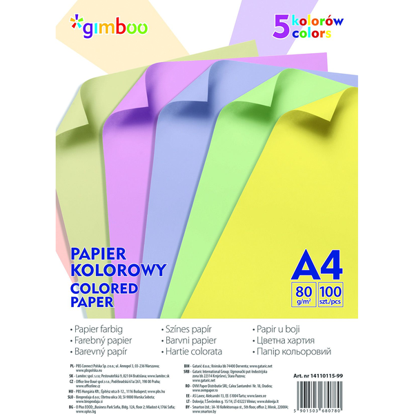 Gimboo Papier ksero A4 80g mix kolorów 100 arkuszy