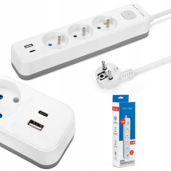 Przedłużacz elektryczny biało-szary 3-gniazdowy z USB MONTIS 3m MT185-WG-3