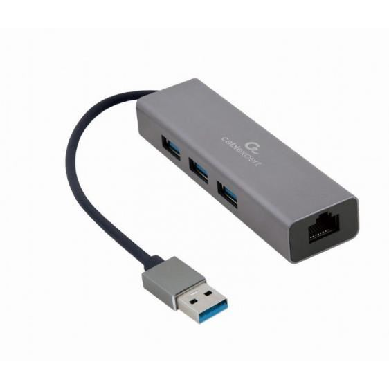 Gembird USB Gigabit hálózati Adapter 3 portos USB 3.0 Hub-bal szürke (A-AMU3-LAN-01)