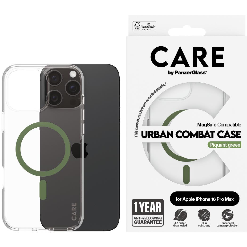 PanzerGlass CARE Apple iPhone 16 Pro Max MagSafe Urban Combat átlátszó/zöld nem sárguló tok (1372)