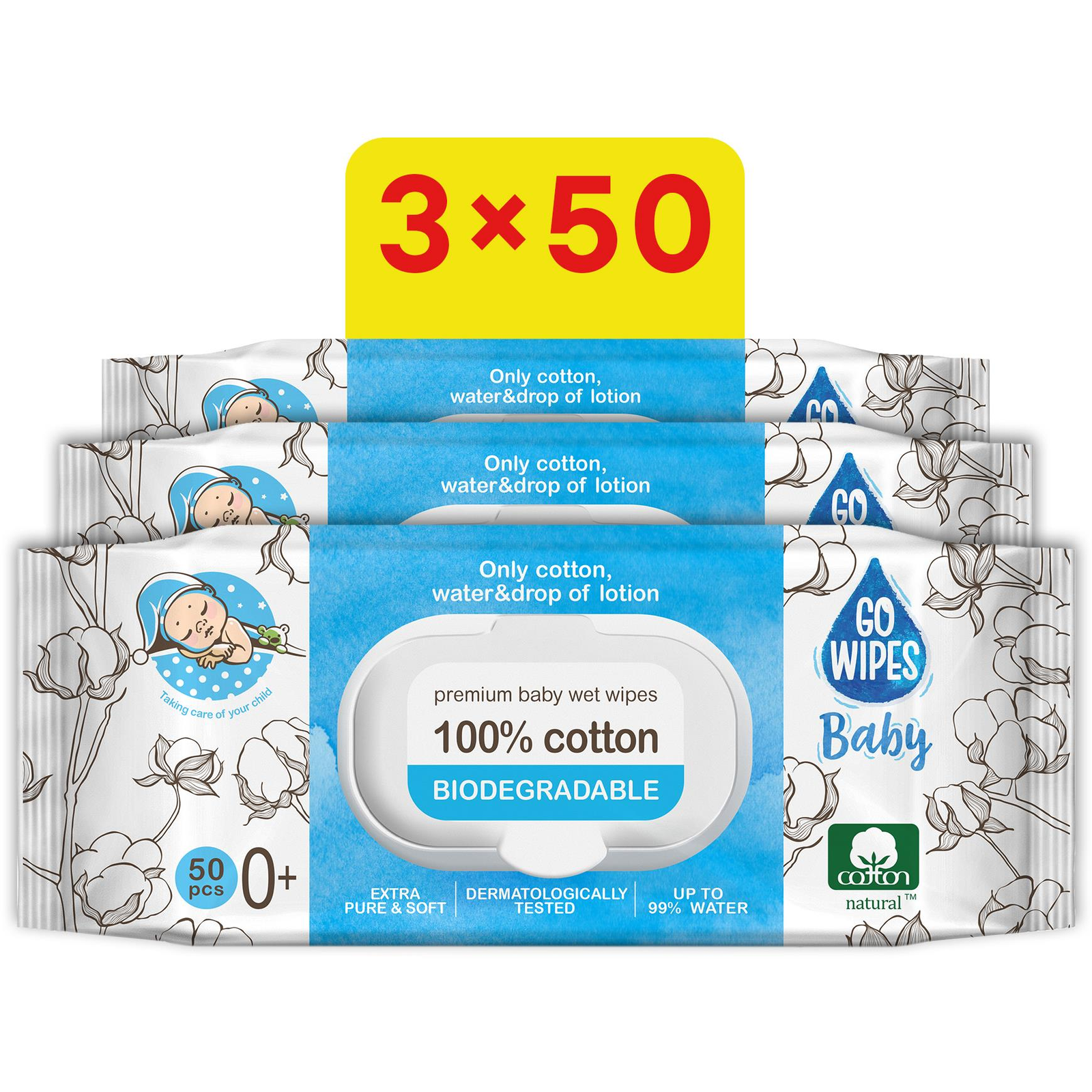 GoWipes 99% víz Plastic Free 3× 50 db (150 db) (BABY23196s3)