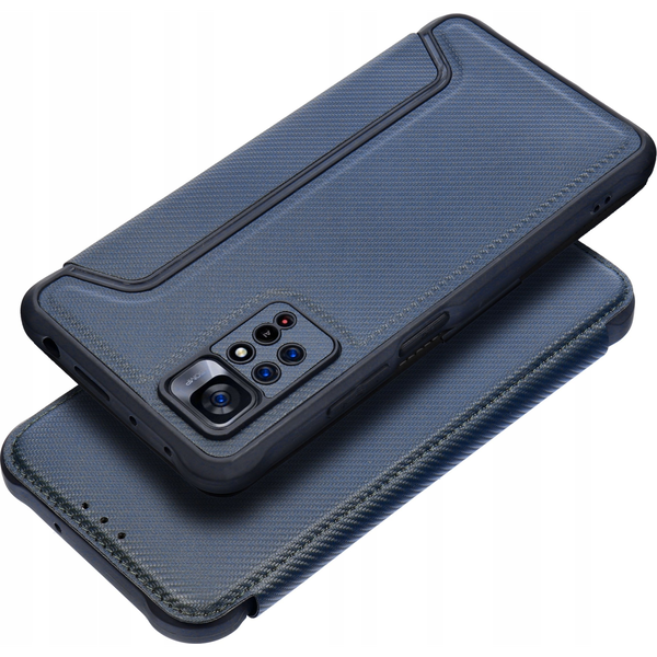  Oldalra Nyíló Tok - Xiaomi Redmi Note 13 Pro 4G / Poco M6 Pro 4G, Légpárnás Sarok, Bőrhatású, Karbon Minta, Razor Book, Kék