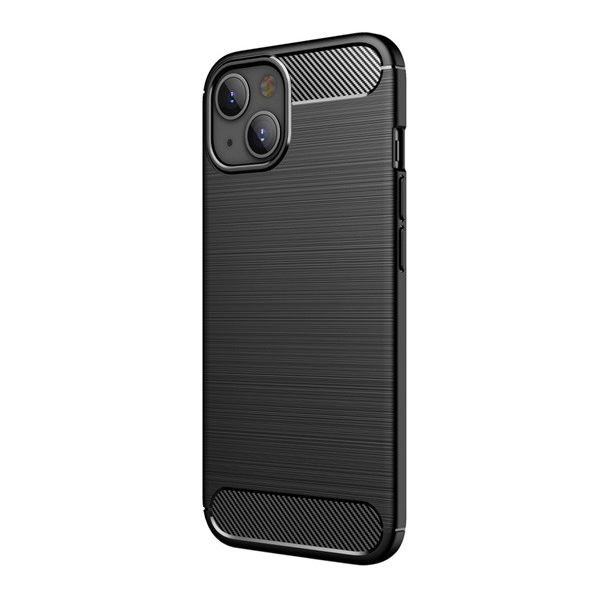 Szilikon telefonvédő (közepesen ütésálló, légpárnás sarok, szálcsiszolt, karbon minta) FEKETE [Apple iPhone 13]