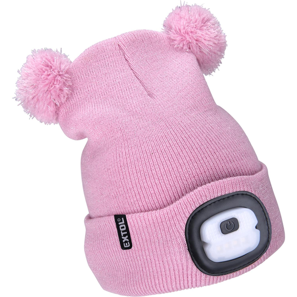 EXTOL LIGHT Gyerek pomponos sapka fejlámpával, 4 × 25 lm, rózsaszín, csillámos