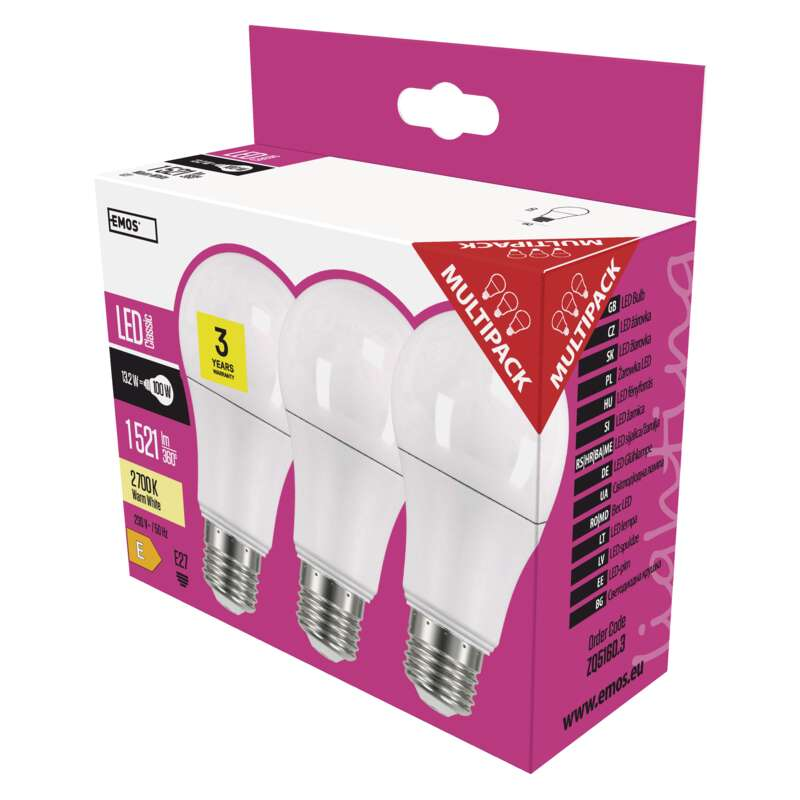 EMOS LED izzó 3db A60 E27 13,2W 1521lm meleg fehér (DBKF-EMZQ5160-3)