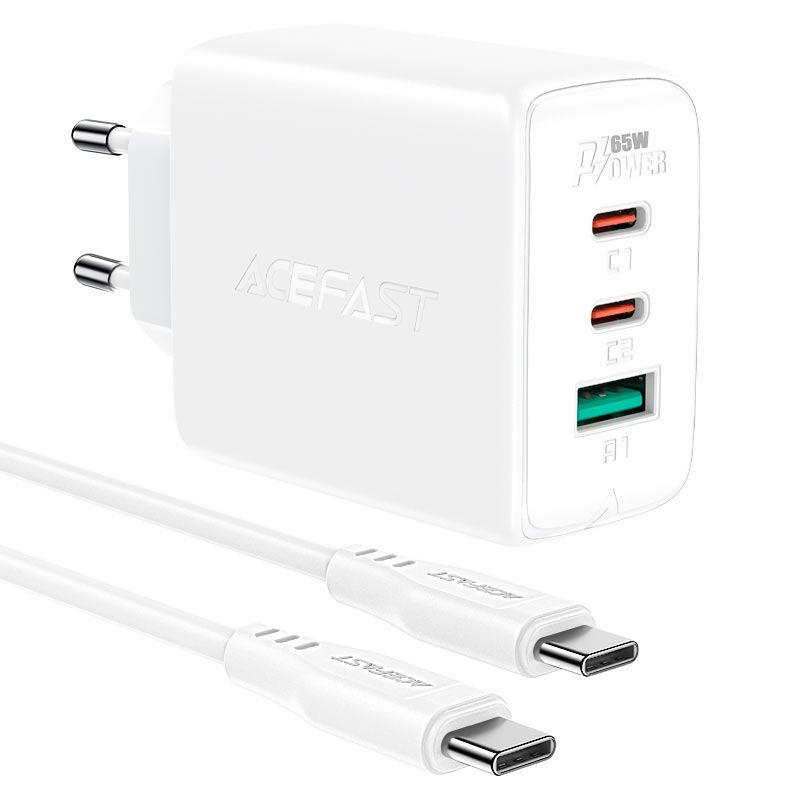 ACEFAST A13 hálózati töltő 2xUSB-C + 1xUSB-A, PD65W fehér (A13 white)