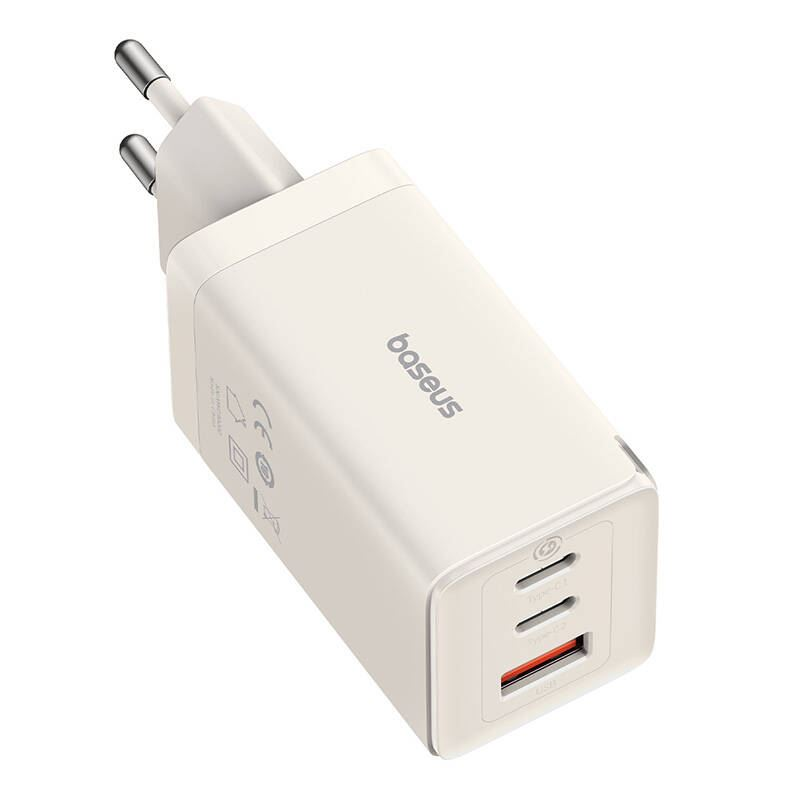 Baseus GaN5 2xUSB-C + USB, 65W + 1m kábel fehér (P10110812227-Z1) (P10110812227-Z1)