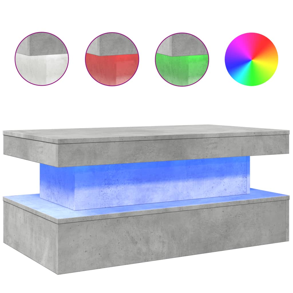 betonszürke dohányzóasztal LED-lámpákkal 90x50x40 cm (839850)