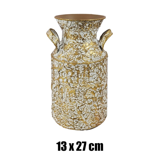 IRIS bádog váza, 2 füllel, arany, fehér nyomott mintás 13 x 27 cm (80938)
