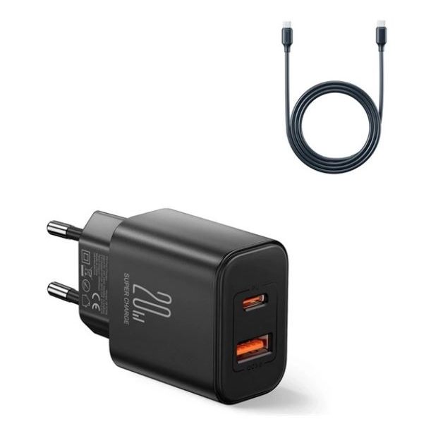 JOYROOM USB-A, Type-C hálózati töltő 20W, Type-C-Type-C kábellel fekete (6941237128799) (JR-TCF05_B_TYPE-C)