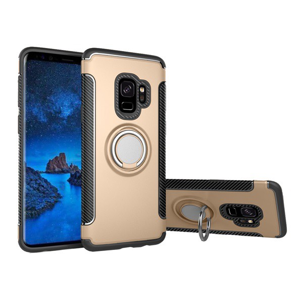 Műanyag telefonvédő (szilikon keret, asztali tartó funkció, telefontartó gyűrű, beépített fémlemez, karbon minta) ARANY [Samsung Galaxy S9 (SM-G960)] (5996457814015)