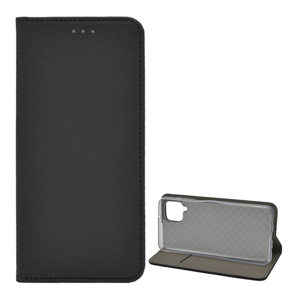 Tok álló, bőr hatású (FLIP, oldalra nyíló, asztali tartó funkció, rombusz minta) FEKETE [Samsung Galaxy A12 (SM-A125F / SM-A127F)]