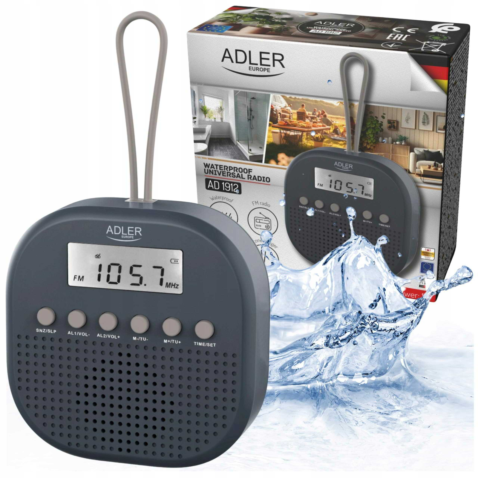 Adler AD 1912 Vízálló hordozható FM Zsebrádió Ébresztővel - Fekete (AD 1912)