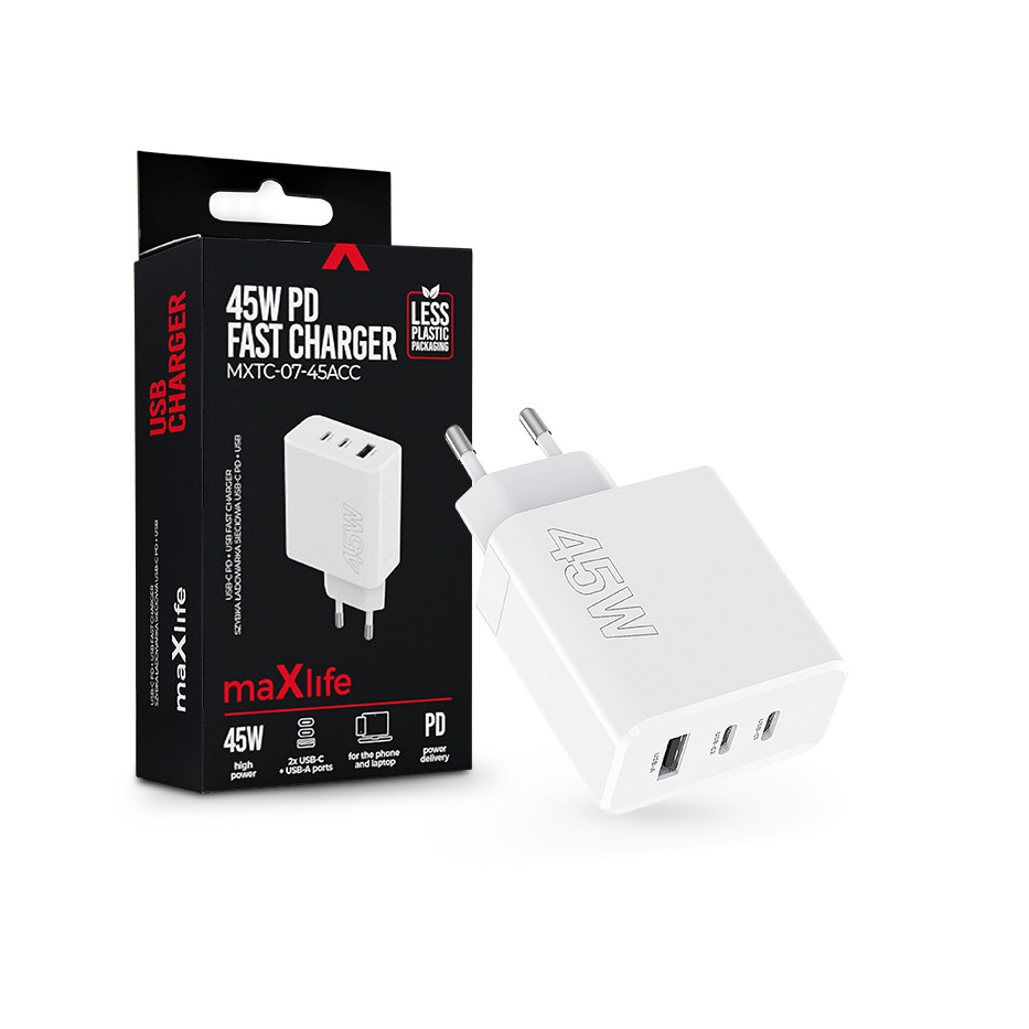Maxlife MXTC-07-45ACC PD+QC 45W gyorstöltő adapter 2xType-C + USB - fehér (ML081094)