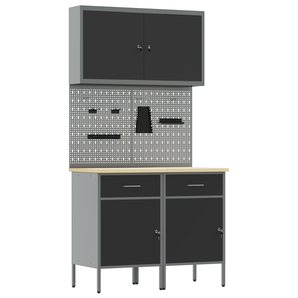 5 Részes Munkaszekrény és Pegboard Készlet Fekete MDF és Fém