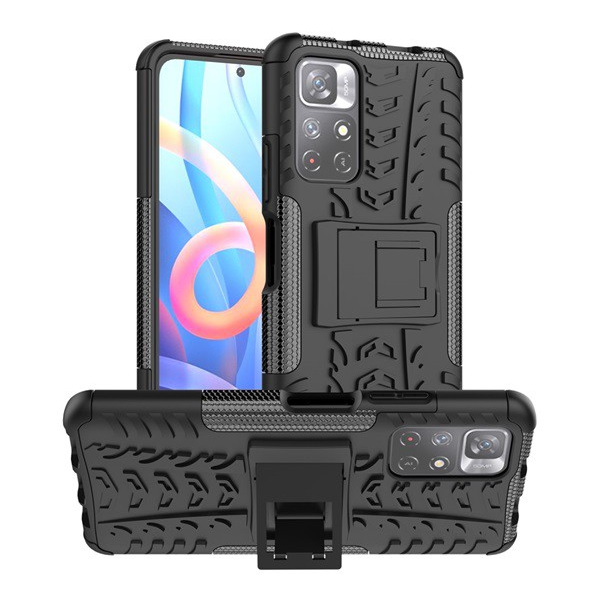 Defender műanyag telefonvédő (közepesen ütésálló, szilikon belső, kitámasztó, autógumi minta) FEKETE [Xiaomi Poco M4 Pro 5G] (5996591128320)