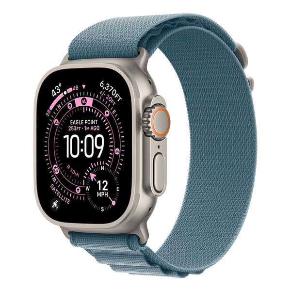 Apple Watch Ultra 3 с GPS + Cellular, 49 мм, от естествен титан, със светлосиня каишка в алпийски стил