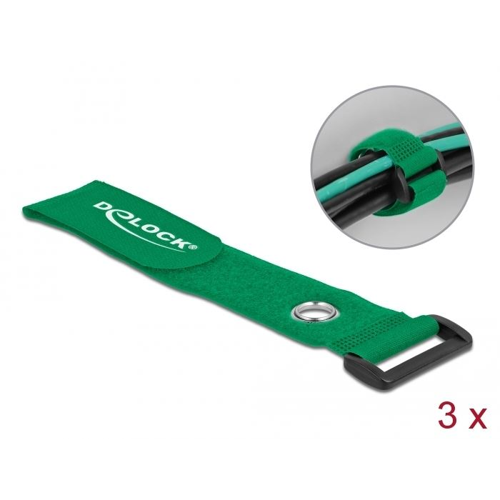 Delock befűzős kábelkötegelő tépőzárral és szorító karikával 280X38mm 3db zöld (19553) (DE19553)