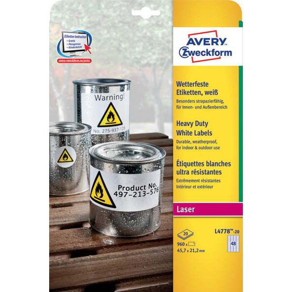 Avery-Zweckform L4778REV-20 45.7 x 21.2 mm Poliészter fólia Fehér 960 db Leoldható Fólia címkék Lézer, Másolat (L4778REV-20)