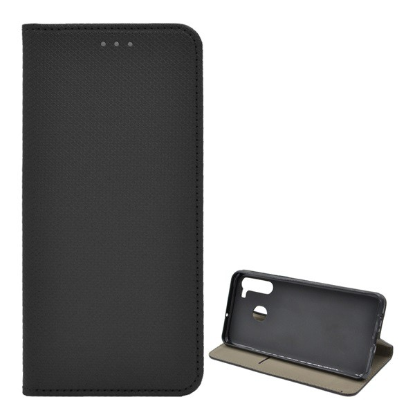 Tok álló, bőr hatású (FLIP, oldalra nyíló, asztali tartó funkció, rombusz minta) FEKETE [Samsung Galaxy A21 (SM-A210F)] (5996457977130)