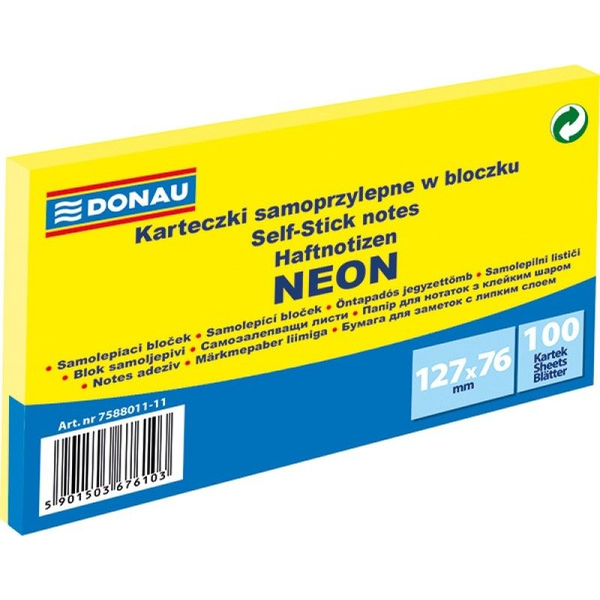 Öntapadó Jegyzettömb Donau 76x127 mm 100 Lap Neon Sárga